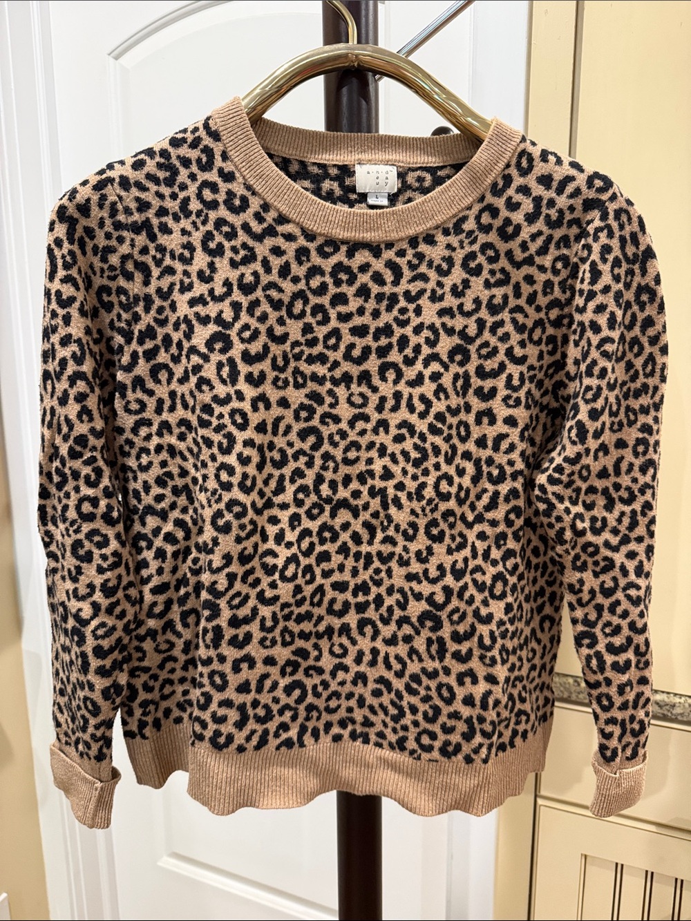 Leopard Print Crewneck Sweater - Tan and Black